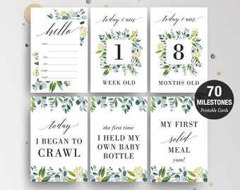70 Monthly Baby Milestone Cards Printable, Photo Prop, Baby Step Cards, First Year, Boy Girl, Baby Shower Gift, Mom to Be, Eucalyptus G02