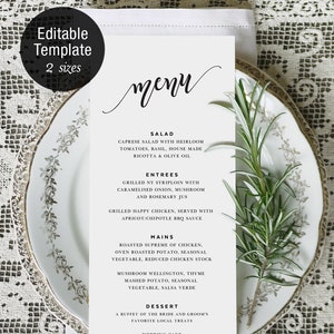 Modelo para impressão de cartão de menu de jantar DIY, roteiro romântico moderno, 5x7, 3,75x9, comprimento de chá longo, editável em Templett, download instantâneo T002