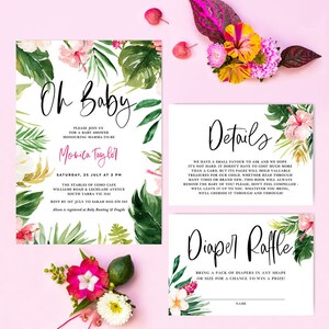 Oh Baby Shower Einladung Vorlage, Bücher für Baby, Windel Tombola Karte, Tropischer Geburtstag, Strand Thema, Aloha, Luau, Instant Download TROP01