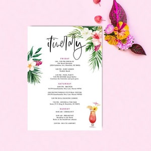 Peut inclure: Un itinéraire thématique tropical pour des vacances à Hawaï. L'itinéraire comprend des activités telles que le surf, des fêtes à la piscine, des événements culturels et des repas. Le texte comprend les dates, les heures et les lieux de chaque activité.