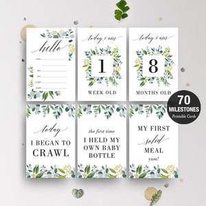 70 maandelijkse babymijlpaalkaarten afdrukbaar, fotoprop, babystapkaarten, eerste jaar, jongensmeisje, babyshowercadeau, aanstaande moeder, Eucalyptus G02