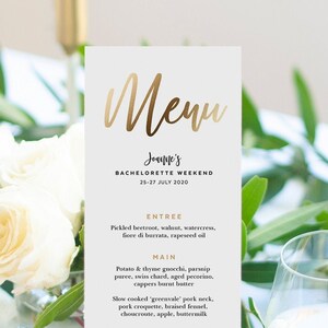 Gold Menü Vorlage, druckbare Dinner Karte, lange Tee Länge, Junggesellinnenabschied Junggesellinnenabschied, 3.75x9, 90x228mm, bearbeitbare Vorlage, Sofort Download T1