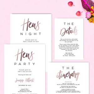 Hens Party Invitation with Itinerary Details Card, Girl&#39;s Weekend, Invite for Bride, Rose Gold, Editable Template, Instant Download