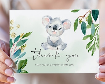 Koala Bear Thank You, Flat & Folded Note Card, Australian Animal, Teddy Bear, Eucalyptus Leaf, Editable Template, Instant Download, BEAR01