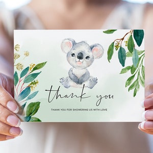 Koala Bear Merci, Carte de correspondance plate et pliée, Animal australien, Ours en peluche, Feuille d'eucalyptus, Modèle modifiable, Téléchargement instantané, BEAR01