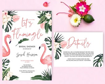 Flamingo Bridal Shower Invitation and Details Card, Tropical, Beach Theme, Mexico, Flock It, Editable Template, Instant Download, FLAM01