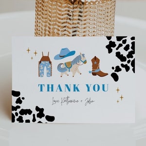 Cowboy Babyparty Dankeschön, Kinder Mitbringsel, gefaltet leer, Wilder Westen, Rodeo Thema, Kuh Druck, bearbeitbare Vorlage Download, NASH02