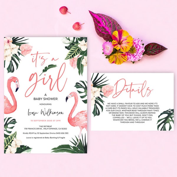 Convite para chá de bebê Flamingo, cartão de detalhes, menina, folha de palmeira tropical, havaiano, tema de praia, modelo editável, download instantâneo, FLAM01