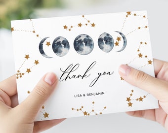 Tarjeta de agradecimiento imprimible con temática lunar, tamaño 3,5 x 5, doblada, temática celestial, sobre la luna y estrellas, plantilla editable, descarga instantánea, CEL01 azul marino