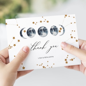 Mond Dankeschön Karte, 3.5x5 Klappkarte, Himmelsthema, Über dem Mond, Sterne, bearbeitbare Vorlage, Sofortiger Download, CEL01 Navy