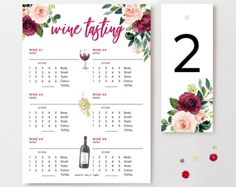 Wine Tasting Score Card, Blind Wine Tasting, Party Games, Rating Sheet, 6 Wine Notes, Digital, Editable Template, Instant Download, WINE01