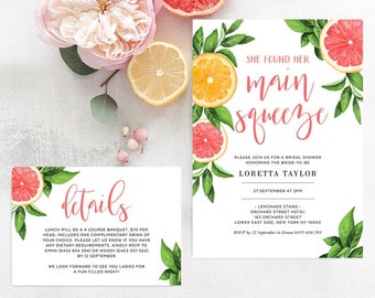 Grapefruit Bridal Shower Invitation with Detail Card, Printable Template, She Found Her Main Squeeze, Orange Citrus, Instant Download CIT05