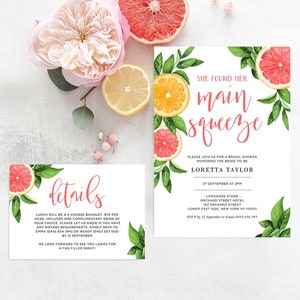 Grapefruit Bridal Shower Invitation with Detail Card, Printable Template, She Found Her Main Squeeze, Orange Citrus, Instant Download CIT05