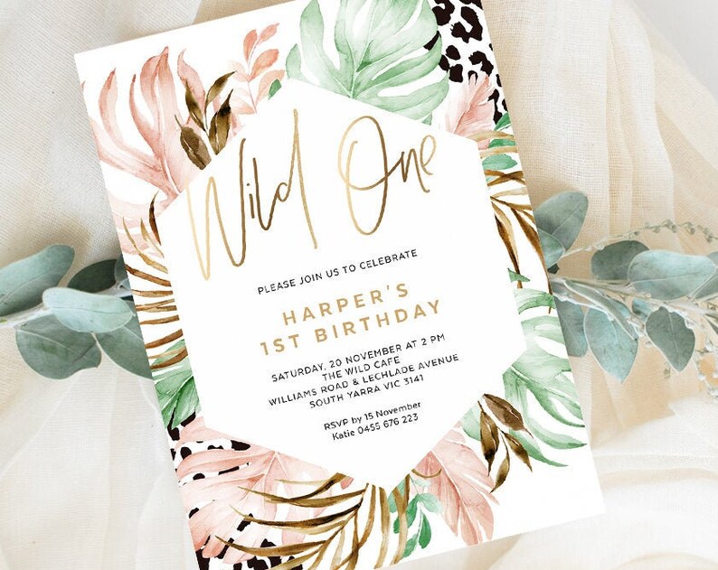 Wild One Birthday Invitation Leopard Print Modern Jungle Safari Theme Zoo Party Invite Girl Editable Template Instant