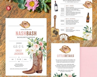 Invitación de despedida de soltera de Nashville con plantilla de itinerario, música, guitarra country, despedida de soltera vaquera, imprimible, descarga instantánea, NASH01