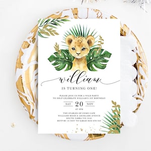 Convite de aniversário do Rei Leão, Selva, Safari, Convite para festa de animais do zoológico, Primeiro aniversário, Menino, Menina, Nala, Simba, Modelo editável, JUNG01