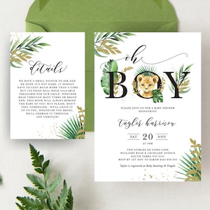 Invito per baby shower Re Leone, Simba, Giungla Safari, Foglia di palma, Selvaggio, Leone, Invito Oh Boy, Modello modificabile, Download istantaneo JUNG01