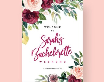 Welcome Sign, Burgundy Flowers, Eucalyptus Greenery, Blush Pink Floral, Editable Template, Instant Download, 18x24, 24x36, A2, A1, WINE01