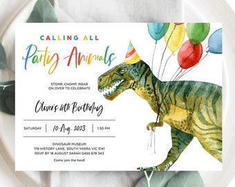 May include: A colorful invitation for a dinosaur-themed party. The invitation features a green dinosaur holding balloons and wearing a party hat. The text reads "Calling all Party Animals" and "Oliver's 4th Birthday".