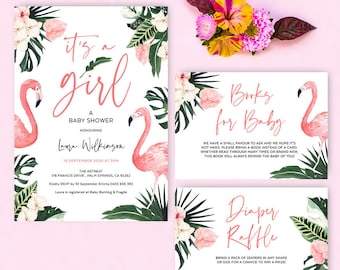 Flamingo Baby Shower Invitation Books for Baby Diaper Raffle It s a Girl Tropical Theme Editable Template Instant Download FLAM01