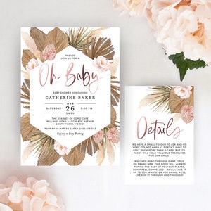 Oh cartão de convite para chá de bebê, folha de ouro rosa, convite de grama tropical de pampas, rústico moderno, modelo editável DIY, download instantâneo GRASS01