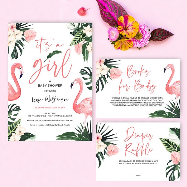 Flamingo Baby Shower Invitation, Books for Baby, Diaper Raffle, It's a Girl, Tropical Theme, Editable Template, Instant Download, FLAM01