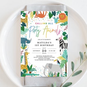 Invito di compleanno per tutti gli animali della festa, tema giungla, animali safari, primo compleanno ragazzo, invito festa allo zoo, modello modificabile, SAF02