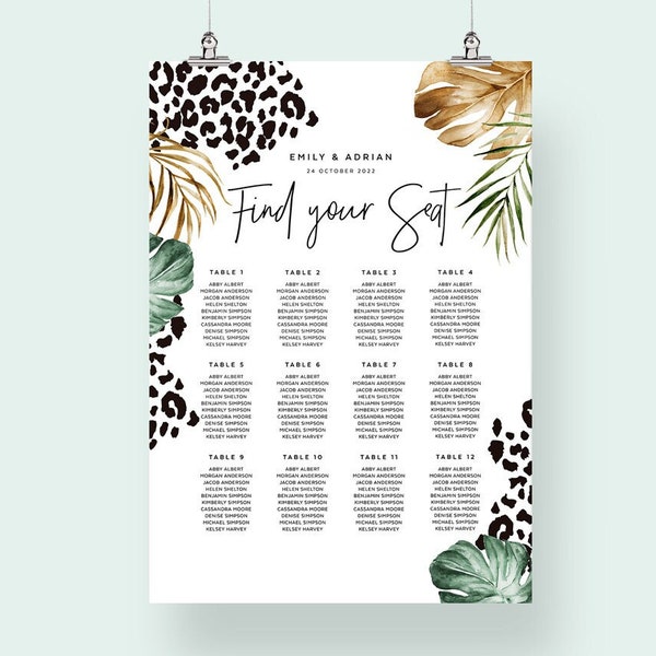 Wedding Seating Chart Template, Guests Seating Plan, Cheetah Print Poster, Leopard, Jungle Theme, Safari, Tropical, Instant Download, TROP06