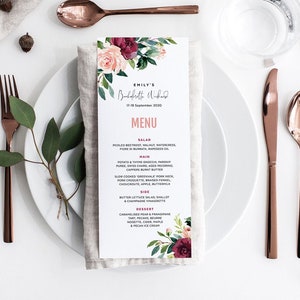 Plantilla de menú, Longitud larga, Despedida de soltera, Despedida de soltera, Boda Boho, 3.75x9", 90x228mm, Plantilla editable, Descarga instantánea, NASH01