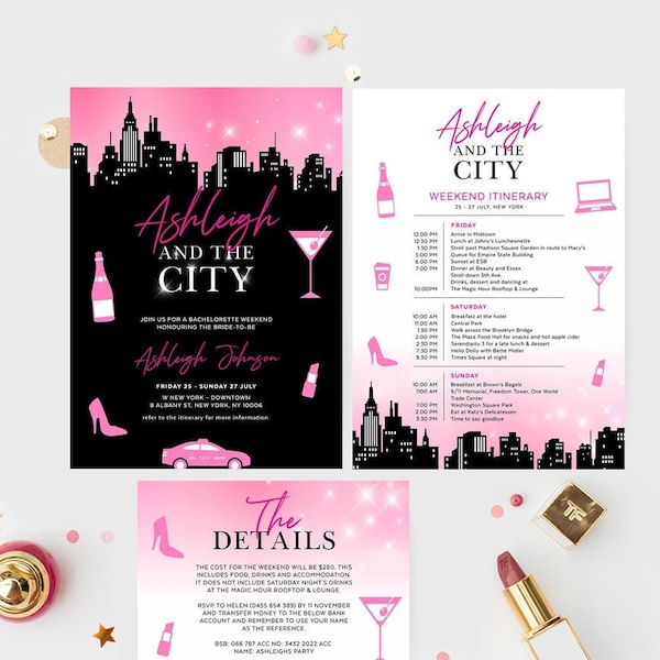 And The City Invitation, Girls Night Out Invite, New York, NYC Party, Night City Skyline, Itinerary Template, Editable Printable, SATC