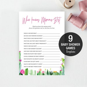 Baby Shower Aktivitäten, Spiele, Bundle, Mädchen, bunter Kaktus, rosa, grün, DIY bearbeitbare Vorlage mit Templett, Sofort Download CAC01