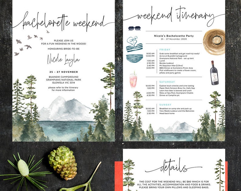 Bachelorette Party Invitation with Itinerary Template Outdoor Camping Glamping Mountain Lake Retreat Editable Instant