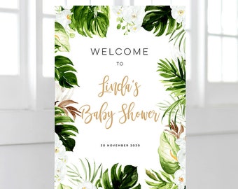 Welcome Board Sign, Tropical, Beach, Palm Tree Leaf, Safari, Bachelorette Party, Baby Shower, Editable Template, 18x24, 24x36, A2, A1 TROP04