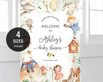 May include: A watercolor illustration of a baby shower welcome sign with a whimsical over the moon theme. The sign features a variety of characters from children's books, including a cat playing the violin, a cow, a sheep, a goose, a girl with a stick, a boy with a horn, a clock, and a house. The text on the sign reads "We're over the moon! Welcome to Ashley's baby shower 10 November 2020."
