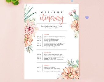 Bachelorette Itinerary Template Instant Download, Hens Party Details, Birthday, Wedding, Cactus Bloom, Peach, Blush, Instant Download CAC03