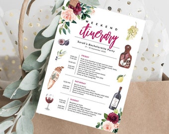 Bachelorette Itinerary Template, Wine Tasting, Weekend Schedule, Trip Planner, Wedding Agenda, Hen Party, Birthday, Instant Download, WINE01