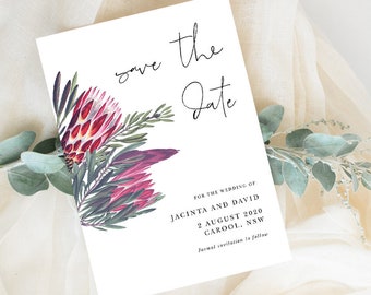 Protea Save The Date, Australian Native, Wedding Announcement, Burgundy Flower, Romantic, Elegant, Editable Template, Instant Download PRO4V