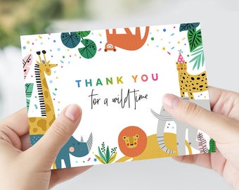 Thank You Folded Card, Wild, Zoo Animals, Safari Theme, Jungle Leaf, Boy, Girl, Rainbow Confetti, Editable Template, Instant Download, SAF02
