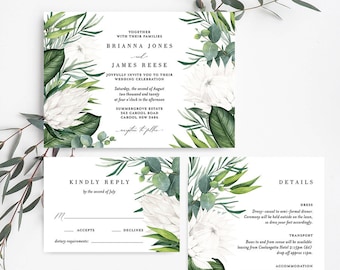 Australia Wedding Invitation Set Template Download, King Protea, White Flower, Tropical, Native Floral, Eucalyptus, Greenery Leaves PRO3W