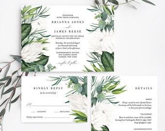 Australia Wedding Invitation Set Template Download, King Protea, White Flower, Tropical, Native Floral, Eucalyptus, Greenery Leaves PRO3W