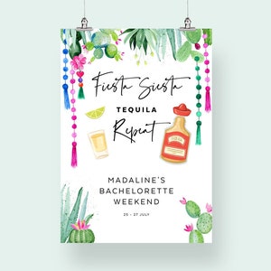 Puede incluir: Una invitación blanca con ilustraciones de cactus verdes y flores. El texto dice "Fiesta Siesta Tequila Repeat" y "Madaline's Bachelorette Weekend 25-27 July".