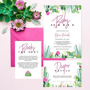 Sappige Cactus baby shower uitnodiging, boeken voor babykaart, luierloterij, meisje, bundelset, bewerkbare sjabloon, Instant Download CAC01