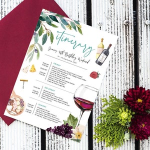 Bachelorette Reiseplan Vorlage, Geburtstagswochenende, 40 Jahre alt, Weingut einladen, Weinprobe, Weinberg, Reise, Reiseagenda, Sofort Download