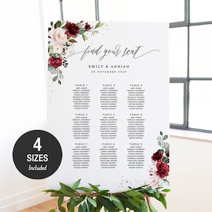 Burgunder Hochzeits-Sitzplan, Tischplan Gast, Boho-Boho-Blümchen, 4 Größen, Vorlage Download, 18x24, 24x36, A2, A1 F001