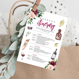 May include: A weekend itinerary for a bachelorette party with a floral design and a wine theme. The itinerary includes activities like wine tasting, lunch by the pool, and dinner at a restaurant. The dates are September 17-19, 2020.