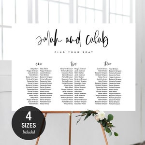 May include: A white wedding seating chart with black calligraphy text. The chart is titled "Jalah and Calab Find Your Seat" and lists guest names under the headings "One", "Two", and "Three".