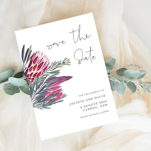 Protea Save The Date, Australische Native, huwelijksaankondiging, Bourgondische bloem, romantisch, elegant, bewerkbare sjabloon, Instant Download PRO4V