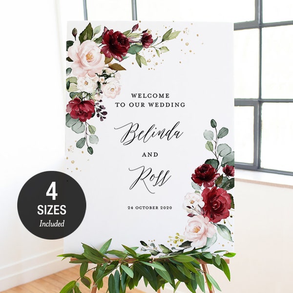 Welcome Sign Board, Burgundy Floral, Wedding, Bachelorette Party, Baby Shower, Editable Template Instant Download 18x24, 24x36, A2 & A1 F001