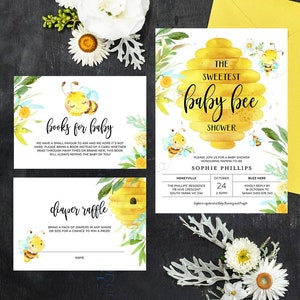 Bumble Bee baby shower uitnodiging, kleine honingbij uitnodigen, Hunny, honingraat, bijenkorf, jongen meisje, boeken voor baby, bewerkbare sjabloon BEE01