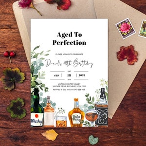 Whiskey Birthday Invitation, Aged To Perfection, Alcohol, Whisky Tasting, Adult Bday, Boys Night Out, Men, Any Age, Editable Template WINE03